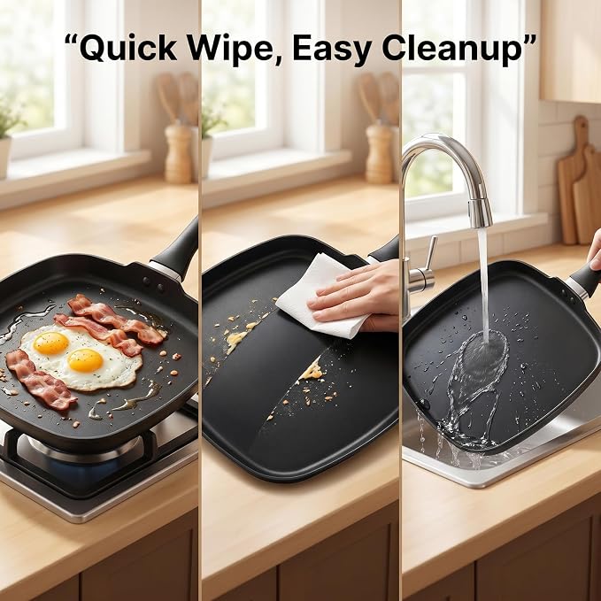 10 Inch Square Griddle Pan, Nonstick Grill Pan for Cooking Eggs, Omelettes, and More, Griddle Cookware, PFOA Free