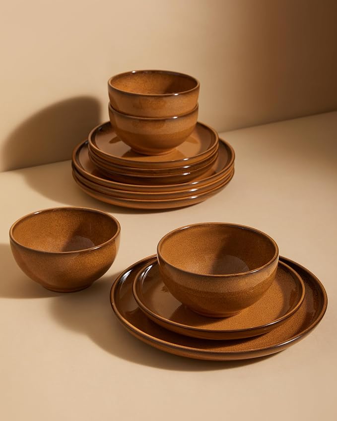 Santorini Mist Terracotta Reactive Glaze Plates and Bowls Sets, Stoneware Dinnerware Sets, Microwave and Dishwasher Safe Ceramic Dish Set Service for 4, Caramel Brown