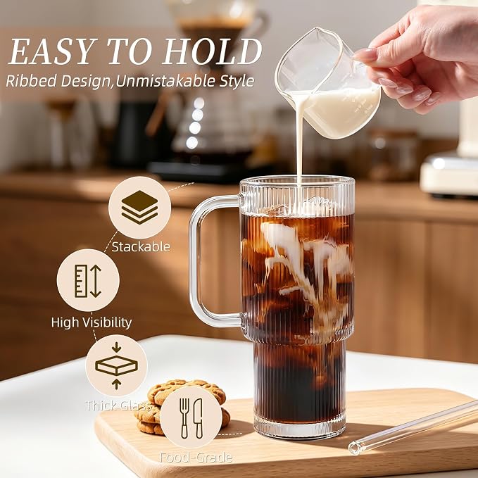 Iced Coffee Cups with Lids: Coffee Bar Accessories - Ribbed Glass Tumbler with Straw and Lid 4 Pack - 24oz Tumbler Leak Proof - Glass Cups Tumbler with Lid and Straws - Coffee Tumbler with Handle700ml
