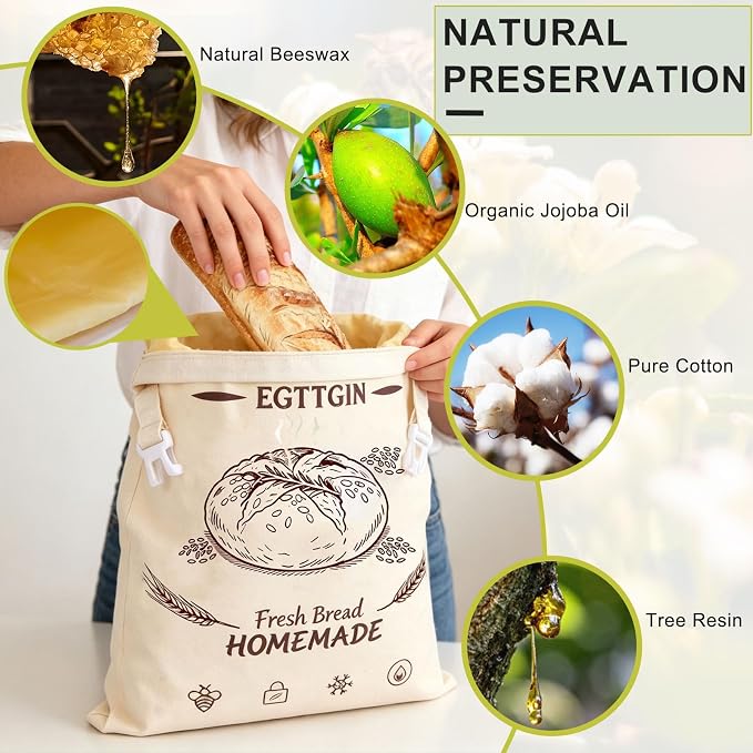 Zippered Beeswax Bread Bag, XL 17"x13" Reusable Organic Cotton Cloth Storage Bag for Homemade Sourdough Loaves, Fresh-Keeping, Freezer-Safe & Eco-Friendly (1 Pack)