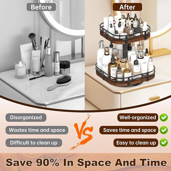 12" Large Lazy Susan Turntable Organizer - 2 Tier Spice Rack for Table Top | Rotating Wood Spice Cabinet Organizer for Pantry Kitchen Countertop Coffee Bar Cupboard Bathroom Vanity Storage
