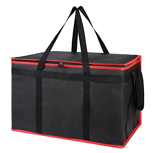 Bodaon 3-Pack Insulated Food Delivery Bag for Hot and Cold Meal, XXXL Cooler/Thermal Bags, Grocery Tote Insulation Bag for Catering, Large Pizza Warmer, Black with Red Edge