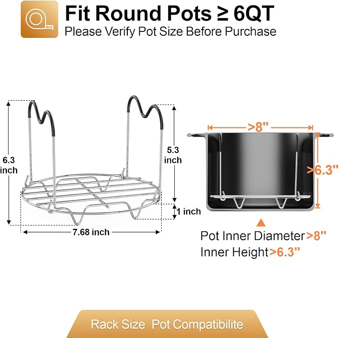 Steamer Rack Trivet for Instant Pot 6 Qt & 8 Qt with Silicone Handle | 7.7-inch 304 Stainless Steel Steam Rack with Foldable Long Heat Resistant Handles for Pressure Cooker, Steaming, Cooking
