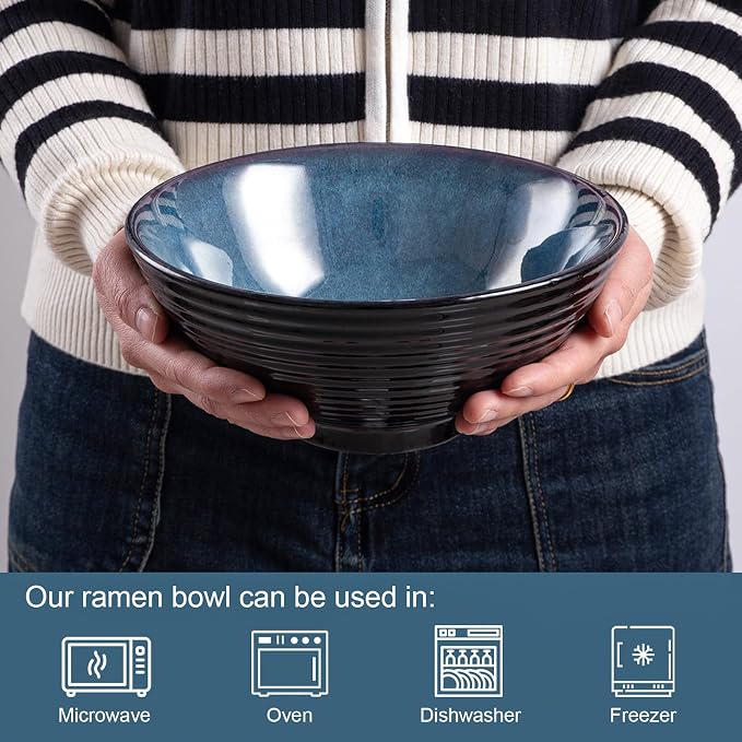 Ceramic Japanese Ramen Bowl Set, 2 Sets Asian Pho Udon Soup Noodle Bowls with Spoons and Chopsticks (Starry Blue, 8 inches)