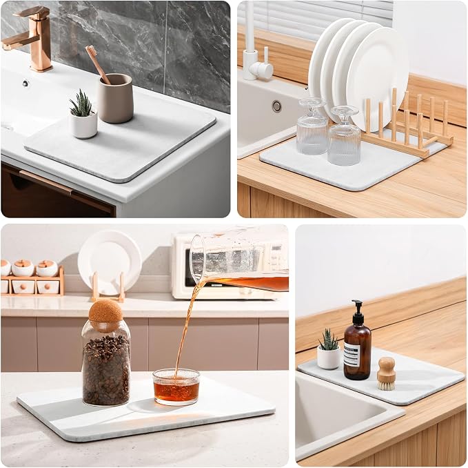 Super Absorbent Stone Drying Mat for Kitchen Counter, Fast-Drying Diatomaceous Earth Dish Drying Mats, Versatile Stone Drying Tray for Cups Dishes Bottles, Warm Light Gray