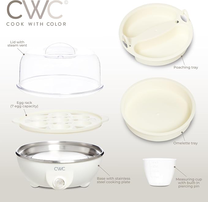 COOK WITH COLOR 350W Electric Double Layer Egg Cooker - Egg Boiler for Hard Boiled, Soft Boiled, and Omelettes, 6.1x6.1x5.5, Cream