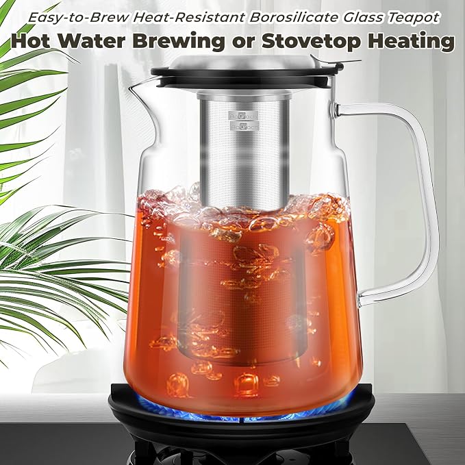 Aquach 74oz Glass Tea Pot with Infuser, Stovetop Safe Borosilicate Teapot | Dishwasher Safe, Plastic-free, Family Capacity, Precise Loose Leaf Filter, Easy-clean Opening