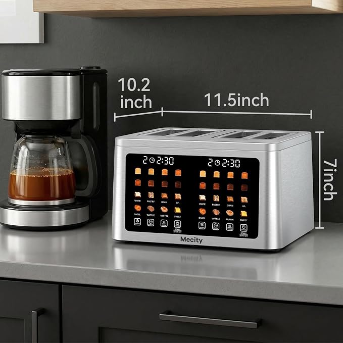 Mecity 4 Slice Toaster Wide Slot, Auto Lift Keep Warm Smart Toaster with Touch Screen, Dual Control Panel, Defrost, Auto Shut Off Digital Toasters for Bagel Muffin Waffle Gluten Free Breads 1700W 120V