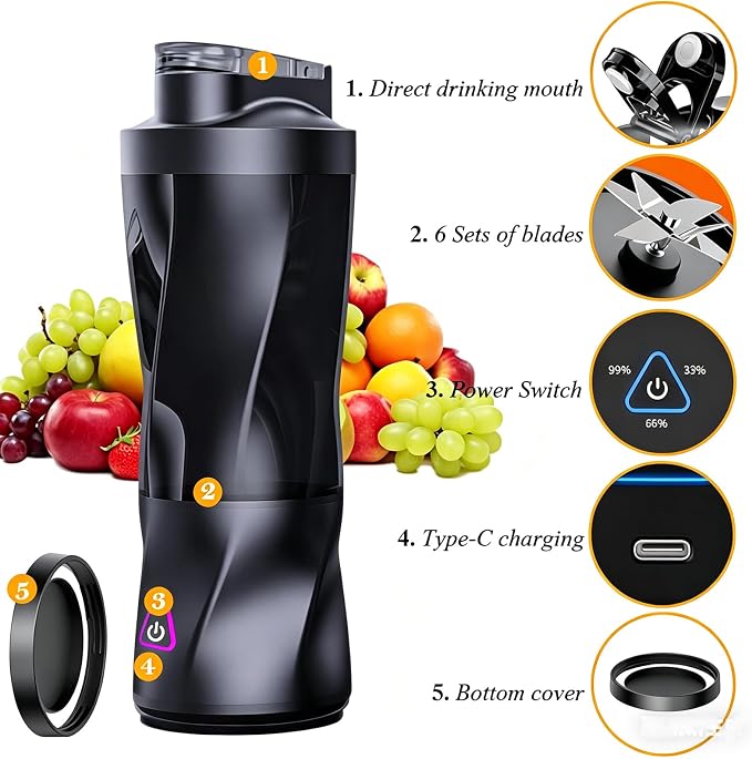 Portable Juicer Blender, Food Grade Tritan with BPA Free 6 Stainless Steel Blades, USB Power Source Rechargeable Household Mini Electric Portable Juicer with Auto Self-cleaning function.