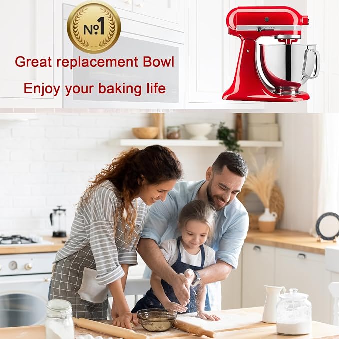 5QT Mixer Bowl for all KitchenAid 4.5-5QT Tilt-Head Stand Mixers | Food Grade 304 Stainless Steel, Polish Inner Surface, Ergonomic Handle, Dishwasher Safe, Light Weight
