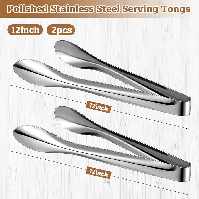 2 Pack Polished Stainless Steel Serving Tongs 12 Inch Metal Food Silver Tong for Buffet Salad BBQ Grilling Heavy Duty Kitchen Utensils for Cooking Catering Wedding Party