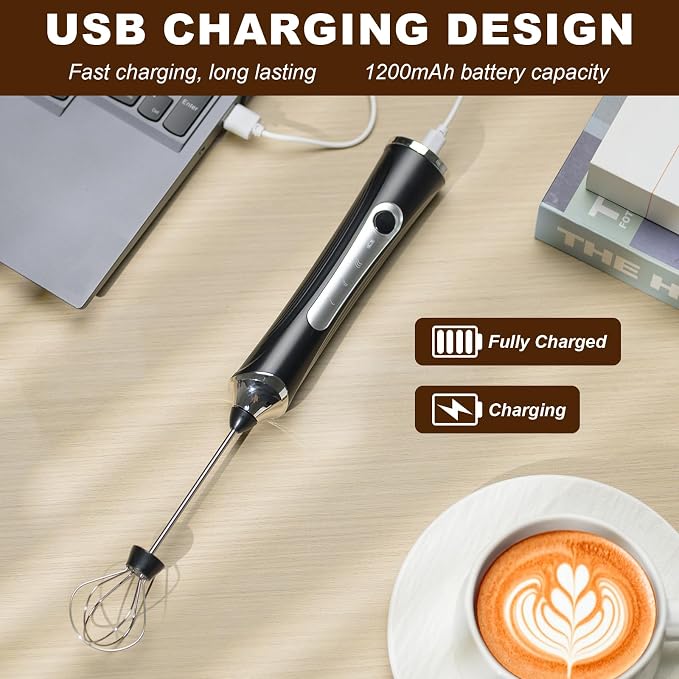 Handheld Electric Milk Frother with 3 Heads, Coffee Whisk Foam Mixer with USB Rechargeable 3 Speeds, Foam Maker Blender for Latte, Cappuccino, Hot Chocolate, Egg (Type 6)