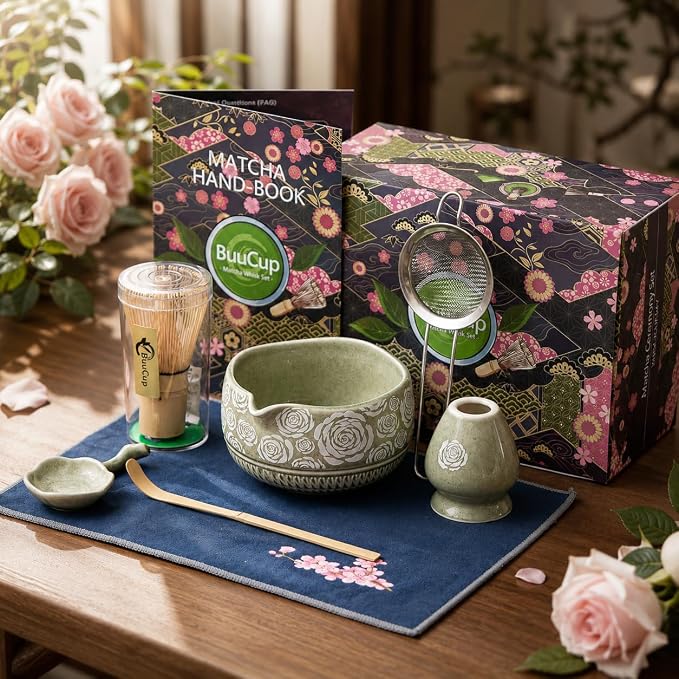 Matcha Whisk Set, 7-Pc Ceramic Matcha Bowl Kit, Bamboo Whisk,（Rose Green） | Buucup Matcha Making Set,Includes Matcha Bowl, Matcha Whisk and Holder, Bamboo Scoop, Scoop Rest, Sifter and Tea Towel