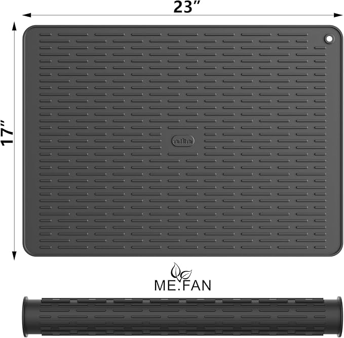 ME.FAN Silicone Dish Drying Mat for Kitchen Counter, Dish Drying Pad for Sink, Refrigerator or Drawer, Countertop Protection Pad XL - 23''×17'' - Black