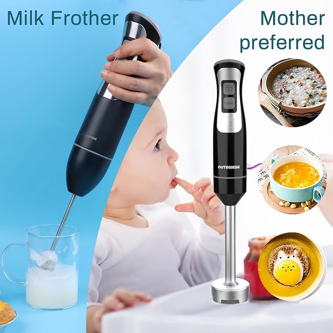 Immersion Blender Handheld, OUTRONSM Hand Blender with 4-point thickened SS blades, Milk Frother, Egg Whisk for Coffee Milk Foam, Puree Baby Food, Smoothies, Sauces and Soups – Black | 8-speed stick blender, Pure Copper Winding Motor, 5.2 feet power co...