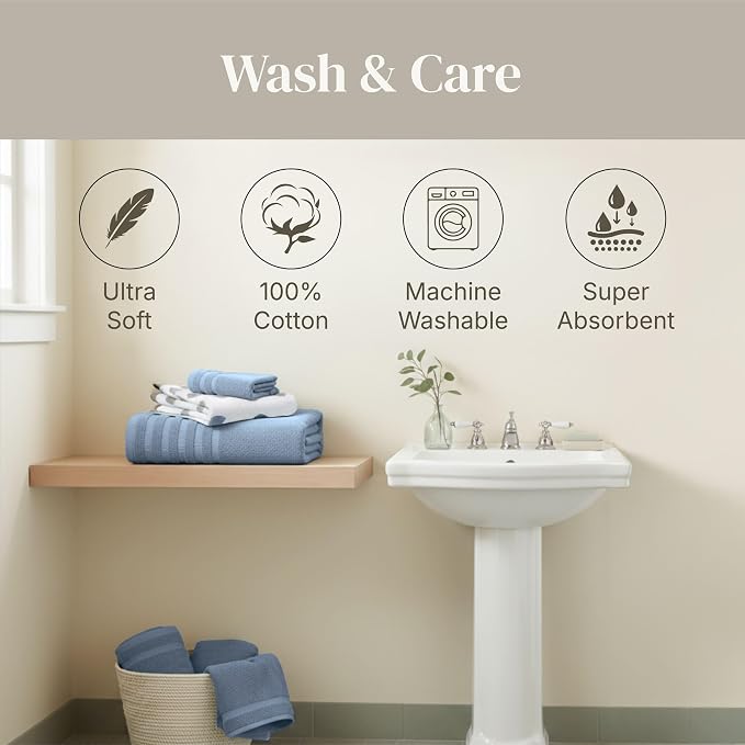 Modern Threads 6 Piece Bath Towel Set – Bathroom Set with 2 Bath Towels, 2 Hand Towels, and 2 Wash Cloths – 100% Cotton, Super Absorbent & Extra Soft – Reversible Natural Vine (Blue)