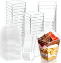5 oz Plastic Dessert Cups with Lids and Spoons, 25 Pack | Clear Square Mini Reusable Parfait Appetizer Cups, Shooter Serving Cups, Party Dessert Shot Glasses for Tasting