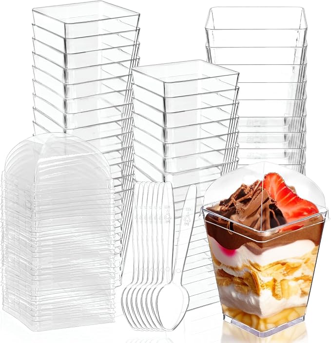 5 oz Plastic Dessert Cups with Lids and Spoons, 25 Pack | Clear Square Mini Reusable Parfait Appetizer Cups, Shooter Serving Cups, Party Dessert Shot Glasses for Tasting