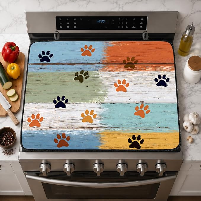 Electric Stove Top Cover for Glass Top, Dog Paw Prints Decor – Heat Resistant Flat Stove Top Covers, Decorative Scratch Protector Mat for Glass Ceramic Cooktop, Non-Slip, 28"x20"