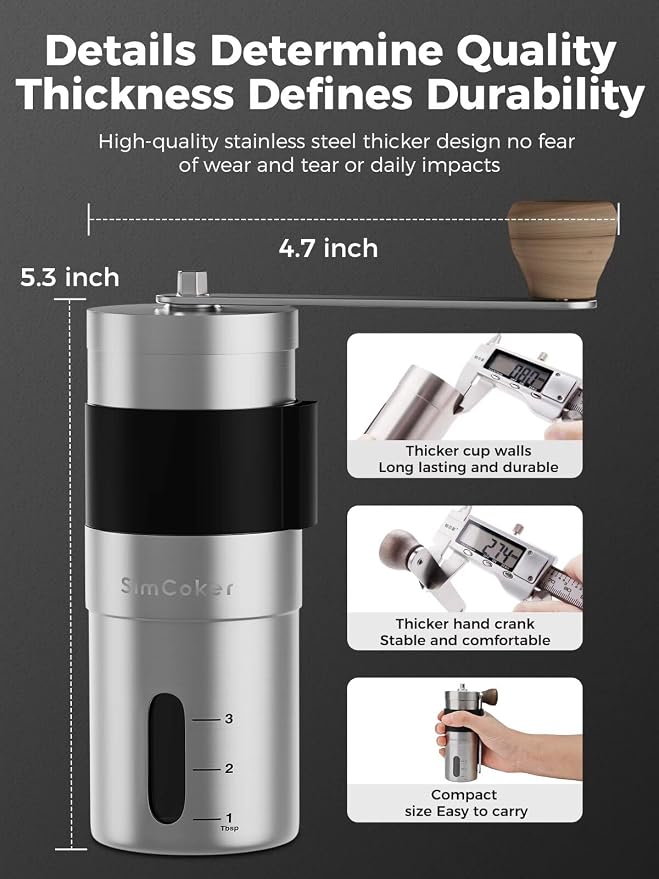 Manual Coffee Grinder, Portable Burr Mill | 304 Stainless Steel, Ceramic Burr, 20g Capacity, Adjustable Grind, For Home, Office, Travel and Camping