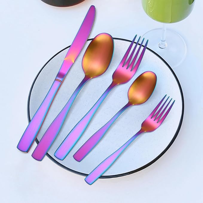 Matte Rainbow Silverware Stainless Steel Flatware Set for 6 Colorful Cutlery Set 30 pieces Include Forks Spoons and Knives for Kitchen Home Restaurant Satin Finish Square Edge Handle