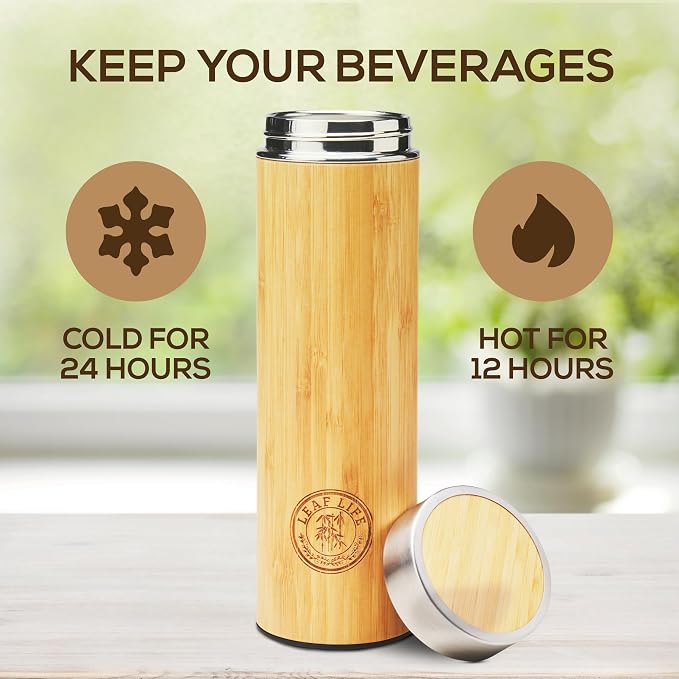 LeafLife Premium Bamboo Tea Tumbler with Infuser for Loose Leaf Tea | Insulated Coffee Bottle, Stainless Steel Gift Set, Leakproof Travel Mug, 12oz