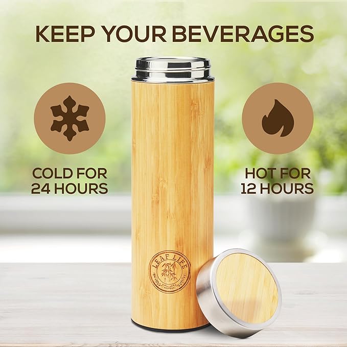 LeafLife Premium Bamboo Tea Tumbler with Infuser for Loose Leaf Tea | Insulated Coffee Bottle, Stainless Steel Gift Set, Leakproof Travel Mug, 22oz