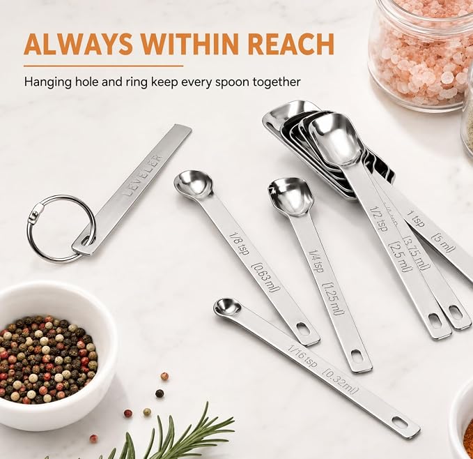 Stainless Steel Measuring Spoons Set of 13, Includes 7 Rectangular Measuring Spoons, 1 Leveler & 5 Tiny Spoons, Compact Spoons Design for Spice Jars, Ideal for Dry and Liquid Ingredients