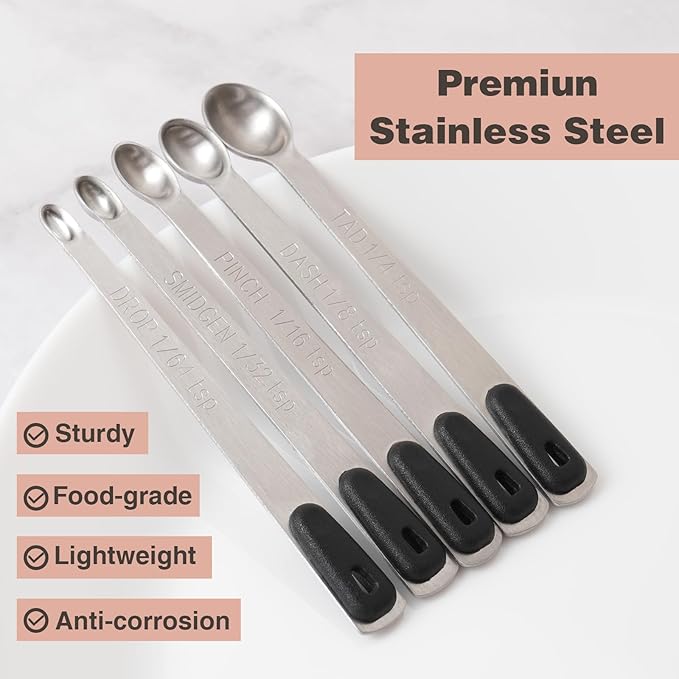 1Pack Small Measuring Spoon Set with Black Silicone Grip | Food-Grade Stainless Steel, High Precision, Dishwasher-Safe, Easy-Read Markings, Multi-Purpose, Lightweight & Durable