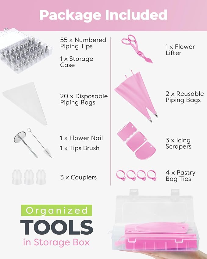 Kootek 90 Piping Bags and Tips Set Frosting Piping Kit for Beginners & Pros | Storage Case, Baking Supplies Kit, 55 Numbered Icing Tips, 20+2 Piping Bags, Pattern Chart, for Cupcake Cookie Cake Decoratin