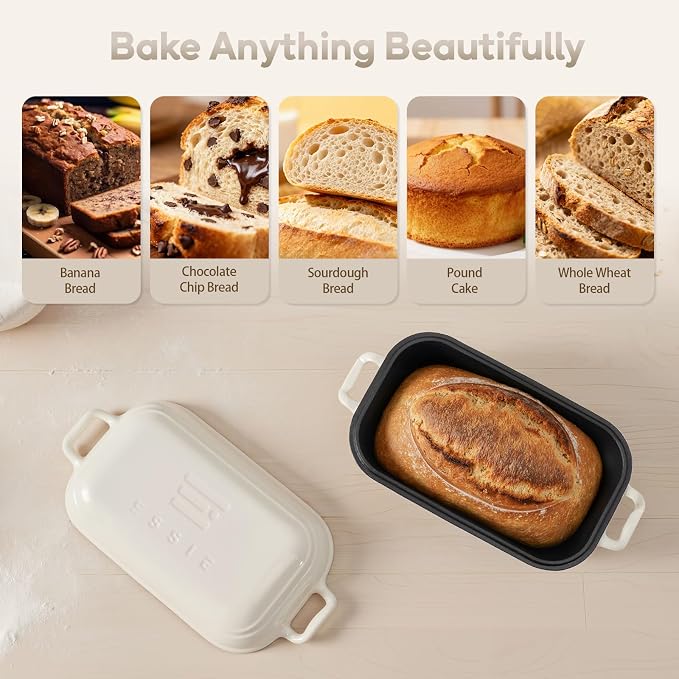 Enameled Cast Iron Dutch Oven for Sourdough Bread Baking, Dutch Oven Pot with Lid, 10×6 Bread Loaf Pans with Lid for Homemade Bread, Cake, Meatloaf, Oven&Induction Safe (White, 3.84 QT)