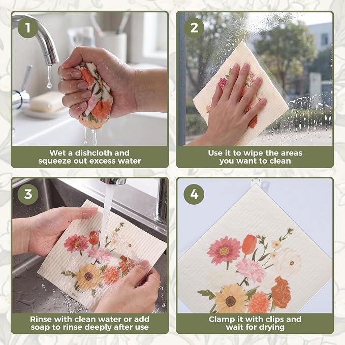 6 Pack Floral Swedish Dishcloths for Kitchen, Absorbent Dish Cloths | Reusable Kitchen Cloth Non-Scratch Cellulose Sponge Cloths with 6 Self-Adhesive Clip for Cleaning Home Kitchen Gift for Host