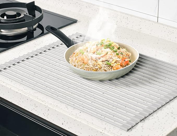 20.5 x 15.5 Inch Roll-Up Dish Drying Rack, Fits Across Sink Openings up to 19.5 Inches, Heavy-Duty Premium Silicone, Strong Support, Non-Slip, Heat-Resistant, Warm Gray