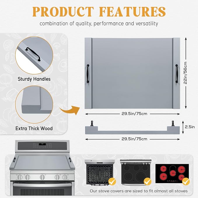 GASHELL Noodle Board Stove Cover with Handles, Multiple Stove Top Cover Board for Electric/Gas Stove Top(Grey)