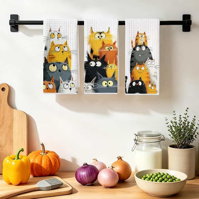 3 Pcs Cute Cat Kitchen Towels, Funny Cats Gifts Absorbent Hand Towels-05 | Cat Dish Cloths for Drying Dishes, Cats Waffle Dish Towels for Kitchen Home Bathroom Decor, Cat Lover Gifts for Women Mom