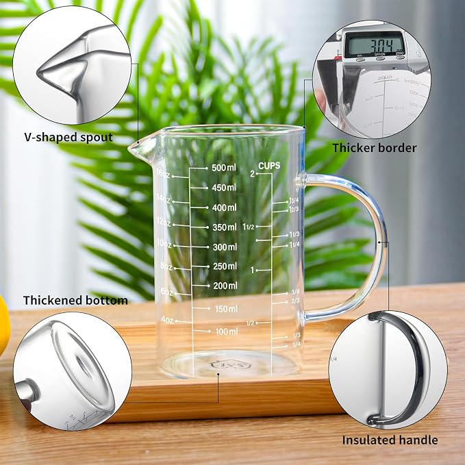 77L 3 Pack Glass Measuring Cup Set (1 1/4, 2 & 4 Cup) [Insulated handle, V-Shaped Spout], High Borosilicate Liquid Glass Measure Cup for Kitchen, Easy To Read, Dishwasher, Freezer, and Microwave Safe