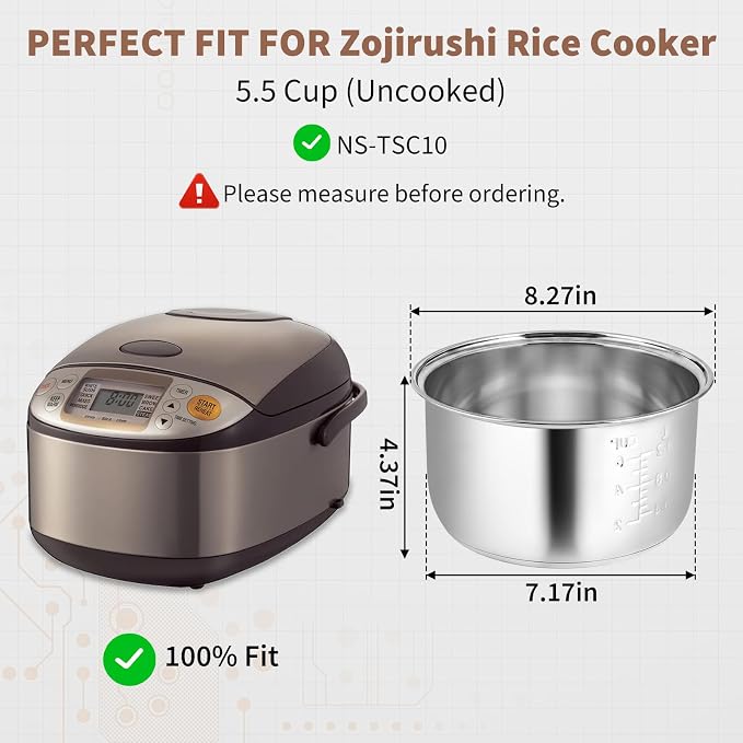 Stainless Steel Inner Pot Compatible with Zojirushi NS-TSC10 Rice Cooker | Replacement for Zojirushi NS-TSC10, 5.5-Cup (Uncooked), Food-Grade 304, Coating-Free, Dishwasher Safe