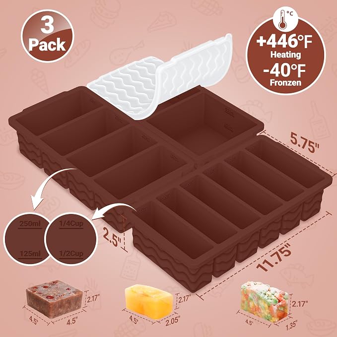 3-Pack Silicone Freezer Trays with Lid, Soup Freezer Container Molds | 2 Large 2-Cup, 4 Medium 1-Cup, 6 Small 1/2-Cup, BPA Free, Ice Cube Tray for Soup, Stews, Sauces, Meal Prep, Broth, Leftovers
