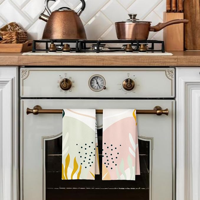 Abstract Boho Floral Kitchen Towels Set of 2, Green and Pink Boho Botanical Leaf Dish Tea Towels for Kitchen Decor, Mid Century Modern Hand Towels for Bathroom Decor, 16x24 Inch