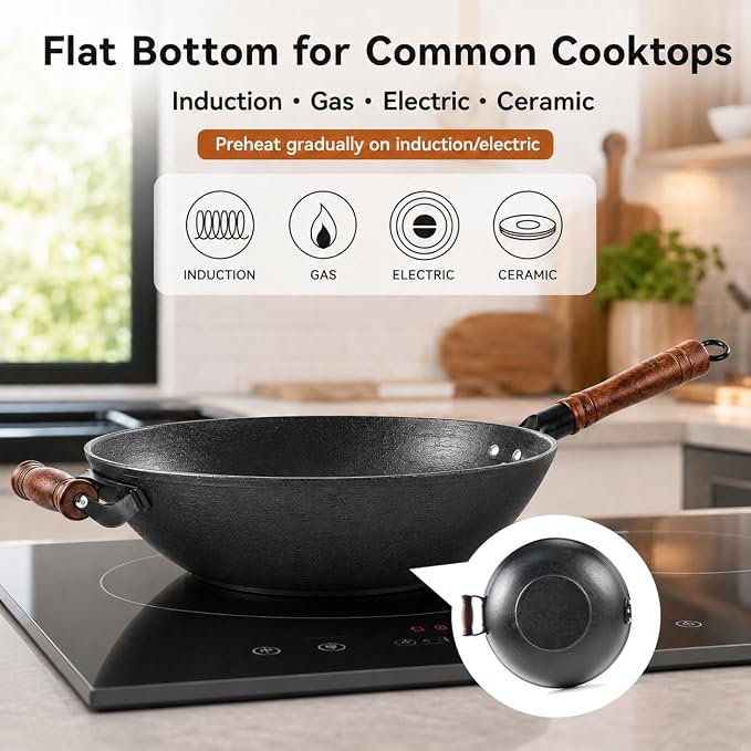 WANGYUANJI 12.6 Inch Cast Iron Wok with Wooden Lid, Handcrafted Flat Bottom Chinese Stir Fry Pan, Uncoated Heavy-Duty Iron Wok for Induction, Gas, Electric & Ceramic Stoves | Uncoated cast iron wok with wood lid for induction, gas and electric stoves; ...