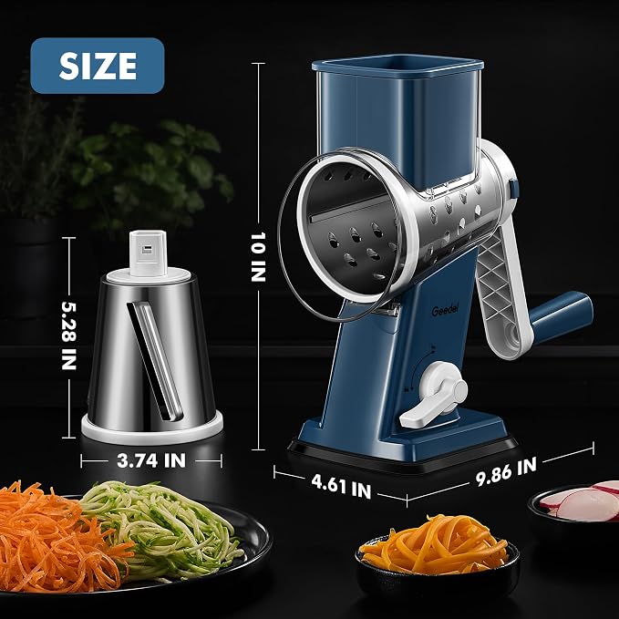 Geedel Upgraded Rotary Cheese Grater Hand Crank, Vegetable Shredder Slicer | 4 Blades, Stronger Suction Base, Wider Chute, 18x Faster Cutting, No BPA, Stainless Steel, for Cheese, Veggies, Nut