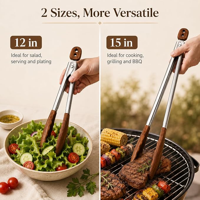 Walnut Wooden Tongs for Cooking - Salad Tongs for Serving Food(12"+15") Stainless Steel Kitchen Tongs for BBQ Grill, Wood Tongs Set