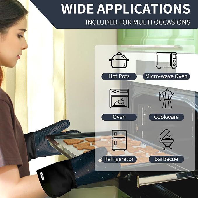 Silicone Oven Mitts,Cotton Lined Gloves, BPA-Free, Long Cooking Mitts and Trivet Mats, Oven Mitts Set for BBQ, 4 Pieces (Dark Grey)