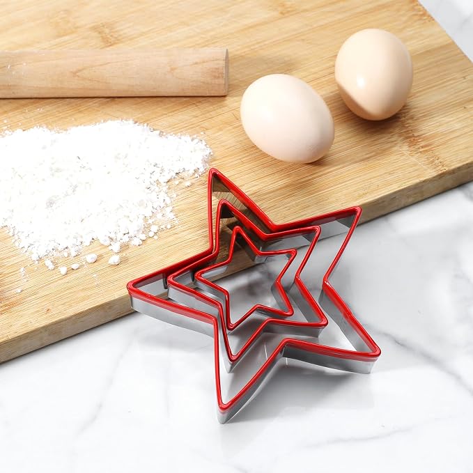 Star Cookie Cutters 3PCS, Stainless Steel Christmas Star Cookie Cutter Tools with Red Environmental PVC, Star Shape Moulds Set for Baking