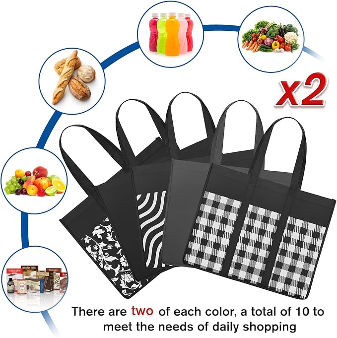 Reusable Grocery Shopping Bags 10 Pack Large Foldable Tote Bags Bulk | Eco Produce Bags with Long Handle for Shopping Groceries Clothes (Plaid D)