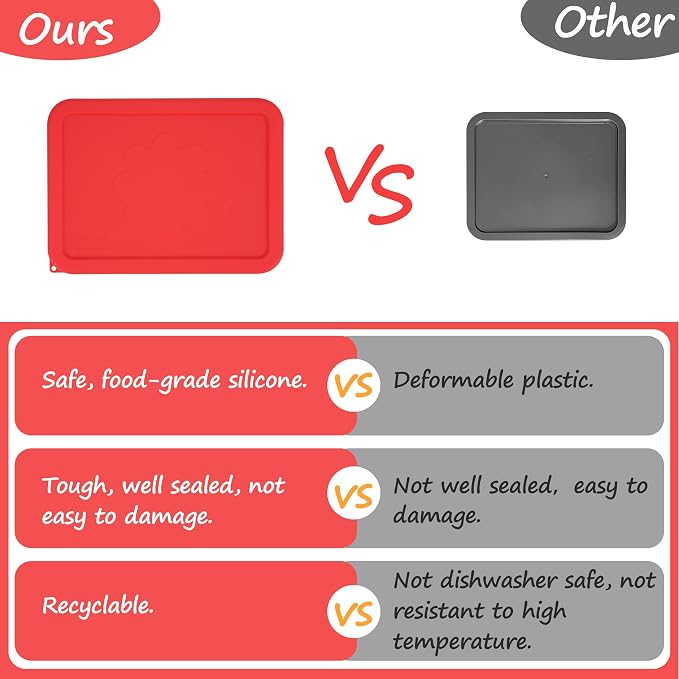 3 Cup Rectangle Silicone Storage Cover Lids Replacement for Pyrex 7210-PC Glass Bowls, (Container not Included) 2 Pack, Microwave, Dishwasher and Freezer Safe (Cherry Red)
