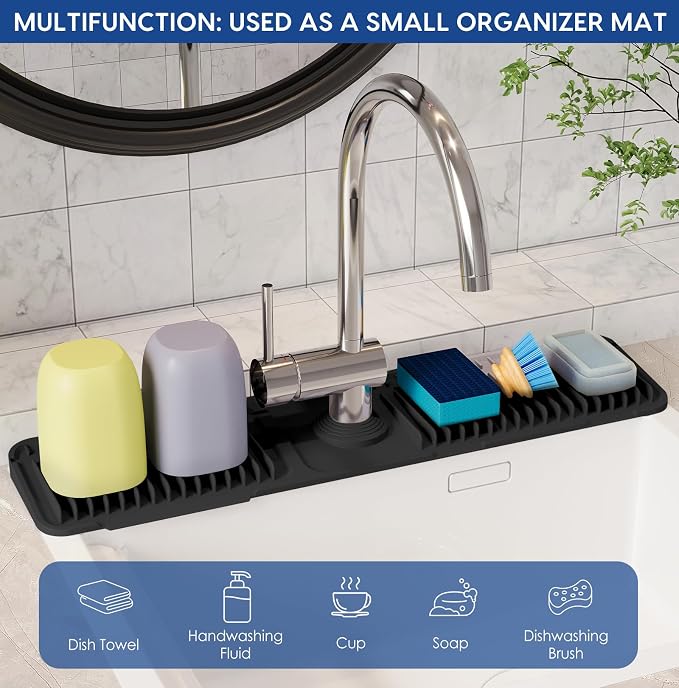 24-Inch Silicone Faucet Mat for Kitchen Sink Splash Guard, 7° Slope | 24"x5.5" water draining mat with fasten button; 1.6-2.75" customizable hole for bathroom, RV & kitchen sink drip catcher.