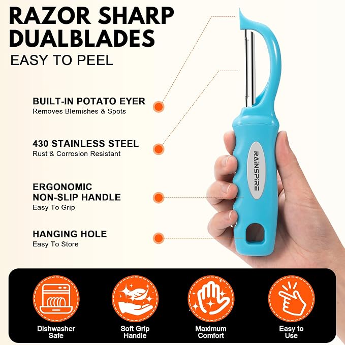 Rainspire Vegetable Peeler Potato Peelers for Kitchen, Sharp Stainless Steel Blades Veggie, Comfortable Handle Fruit Peeler, Carrot Peeler Apple Peeler Dishwasher Safe, Blue, 1-Pack