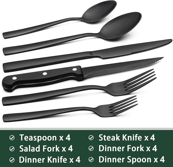 EWFEN 24-Piece Black Silverware Set with Steak Knives, Black Flatware Set for 4, Food-Grade Stainless Steel Tableware Cutlery Set, Mirror Finished Utensil Sets for Home Restaurant, Square Edge