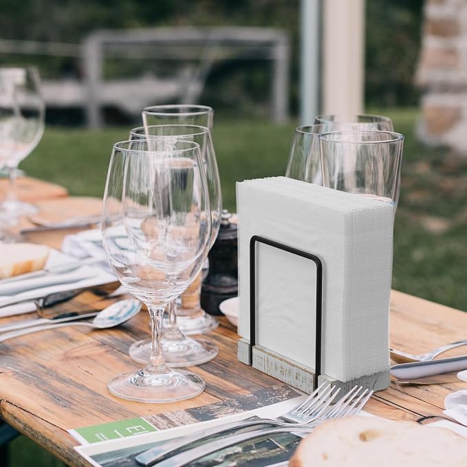 Wican Napkin Holder for Table, Wood Iron Standing Napkin Dispenser | Dining Table Farmhouse Cocktail Picnic Rustic Wood Holders, Suitable All Kitchen Dining Room Decor, Black & Farmhouse White